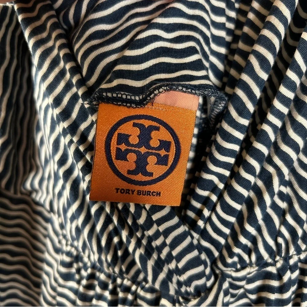 Tory Burch Silk Blend Maxi Dress Blue White Wavy Pattern Sundress